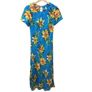 Vintage Wild Thyme Maxi Dress Women 4 Petite 4P Blue Floral Tropical Hawaiian 90